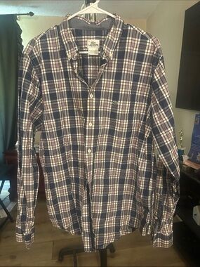 Lacoste Navy and White Plaid Cotton Button-Down Shirt